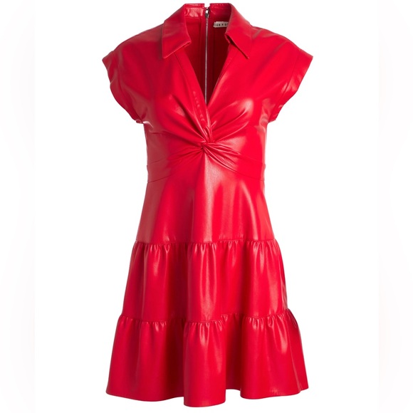 ALICE + OLIVIA Mila red Vegan Leather Deep V Twist-Front Mini Dress 10 - Picture 3 of 15